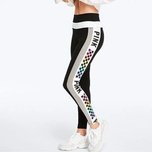 PINK Victoria's Secret Yoga Black Rainbow Multicolor Checkered Stripes Leggings
